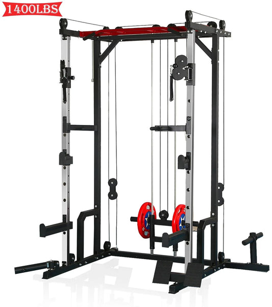 Power Cage, 1400LBS Squat Rack with Cable Crossover System, Home Gym Equipment Multi-Function Smith Machine with LAT Pulldown System Training Attachments